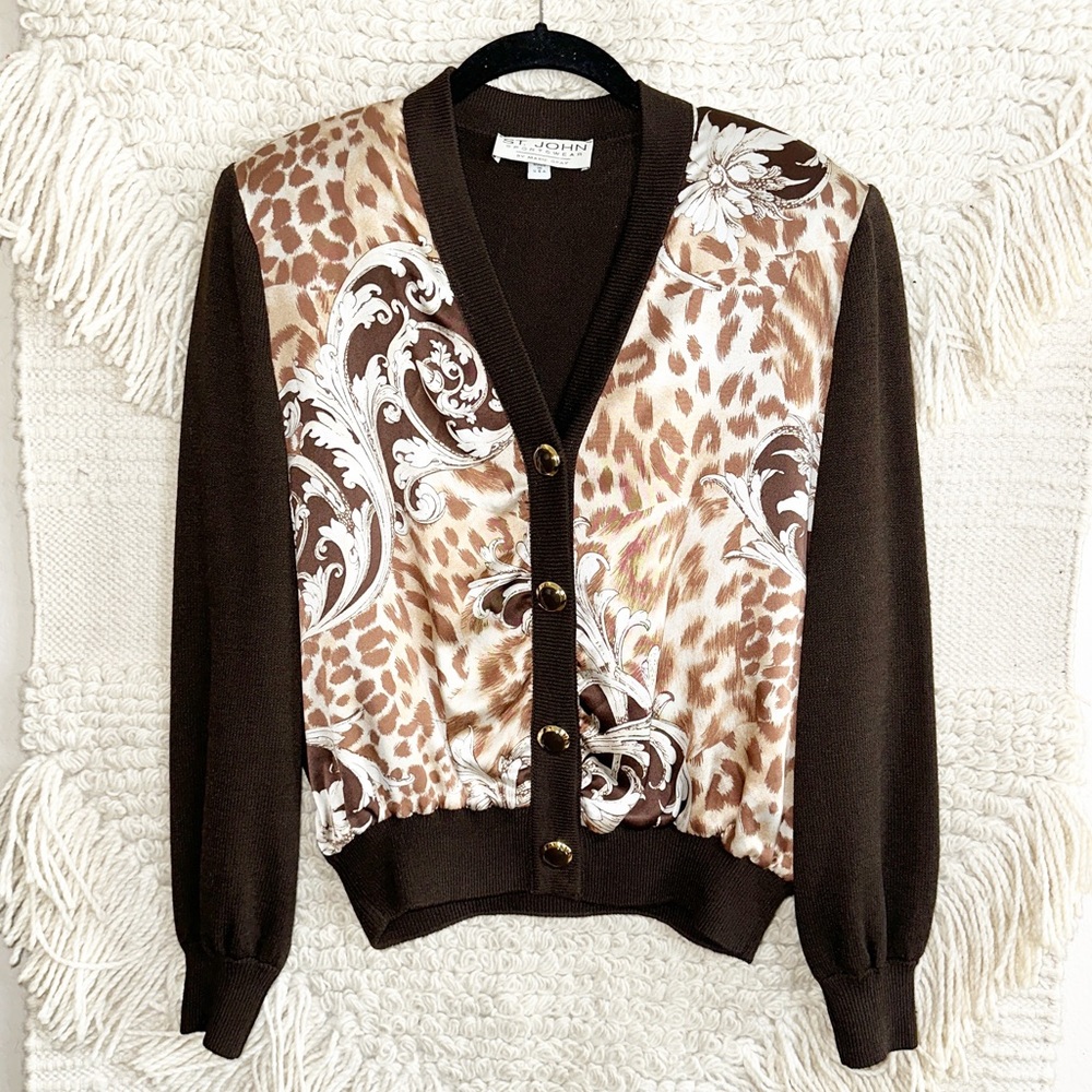 ST. JOHN vintage brown / tan button front v-neck leopard wool cardigan S